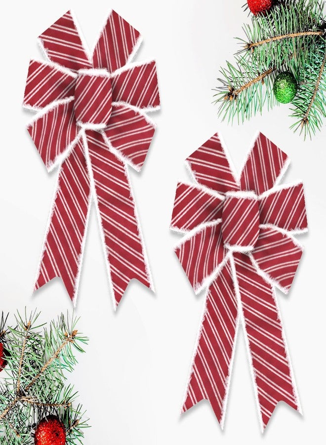 Blinket 2PCS Christmas Bows Red Striped Ribbon with Fluffy Edges, Wired Red and White Bows for Christmas Wreaths, Gift Wrapping, Indoor Outdoor Home Décor 8.46 inch × 12.99 inch - Image 1